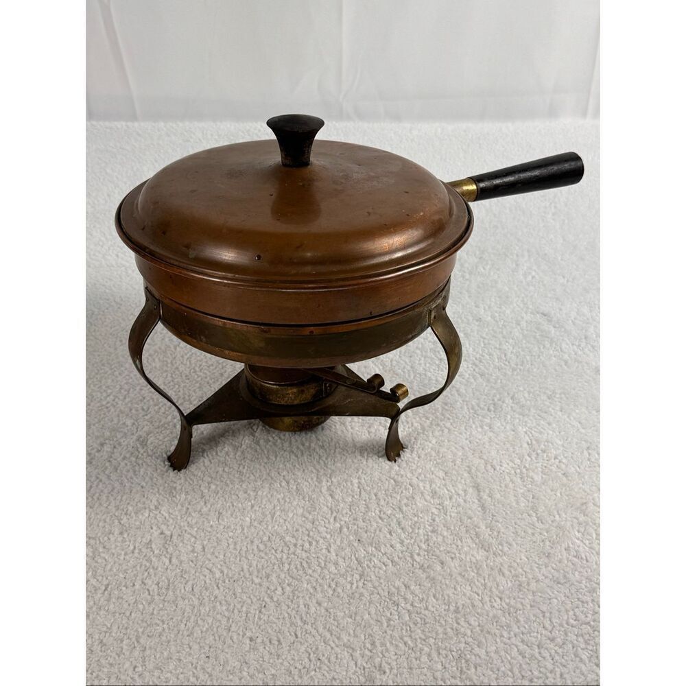 Vintage Copper and Brass Chafing Dish - Metal Stand/Wooden Handle